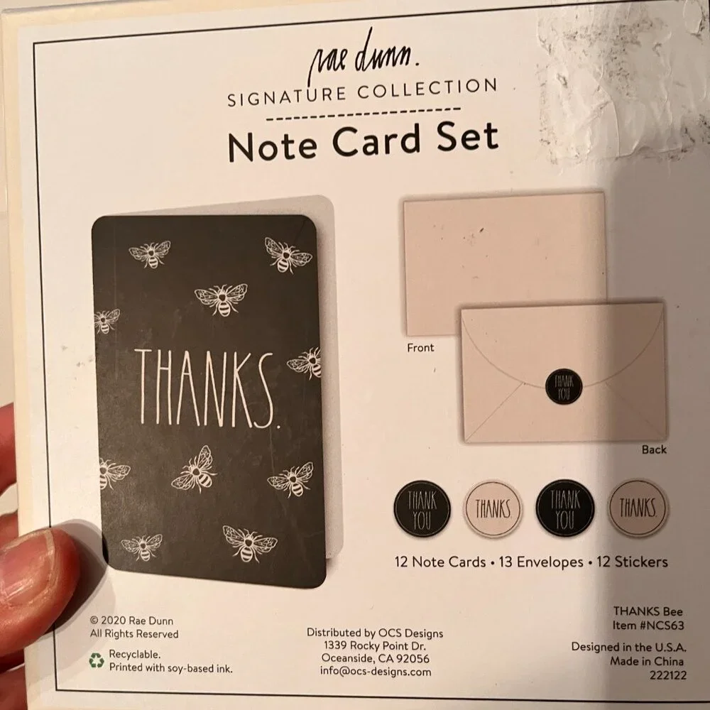 Thank You Cards with Bees‎ by Rae Dunn (Note Card Set and Stickers - new)